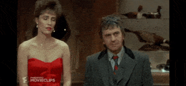 a woman in a red dress is standing next to a man in a suit and tie ..