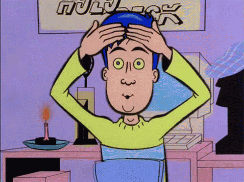 a cartoon character holds his head in front of a sign that says " hulk "