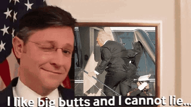 a man in front of an american flag says " i like big butts and i cannot lie .. "