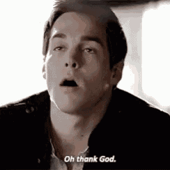 a close up of a man 's face with his mouth open and the words `` oh thank god '' written below him .