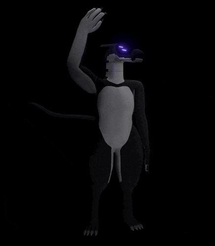 a 3d rendering of a black and white animal with purple eyes