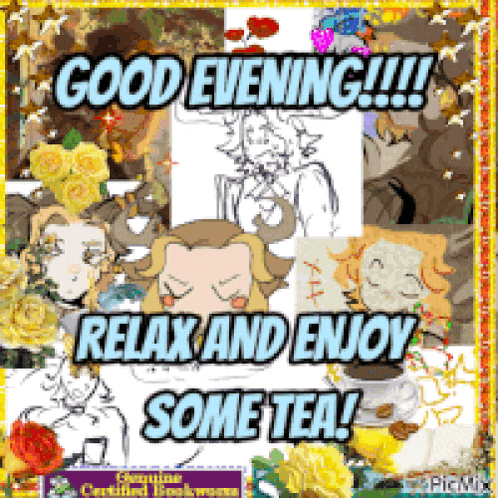 a collage of images with the words good evening relax and enjoy some tea on it