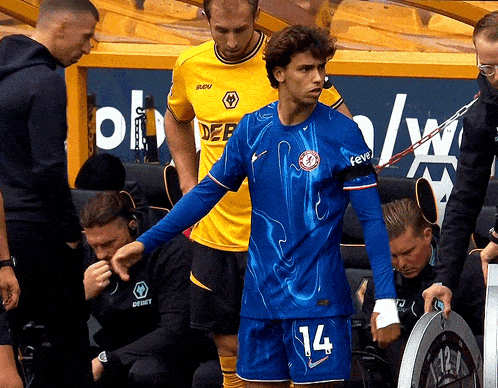 a soccer player in a blue jersey with the number 14 on his shorts