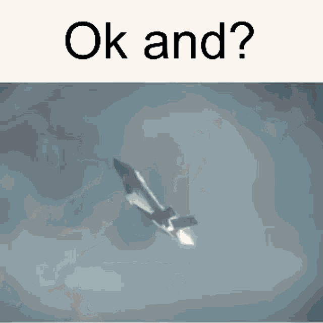 a fighter jet is flying through a cloudy sky with the words `` ok and ? '' written above it .