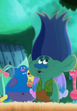 a troll with blue hair and a mustache is standing in front of a group of trolls