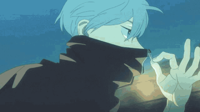 a drawing of a person with blue hair