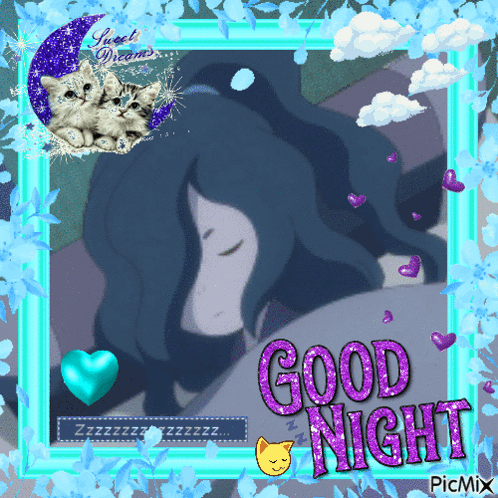 a picture of a girl sleeping with the words good night written on it