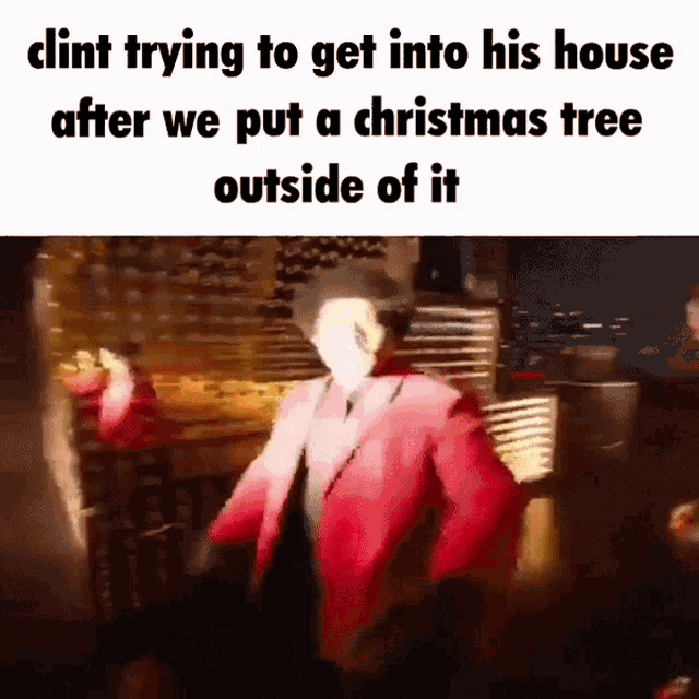 a man in a red suit is standing in front of a christmas tree outside of it