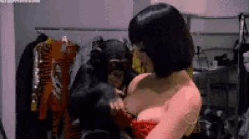 a woman in a red dress is holding a small chimpanzee
