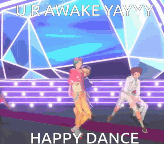 a group of people are dancing on a stage with the words " happy dance " below them