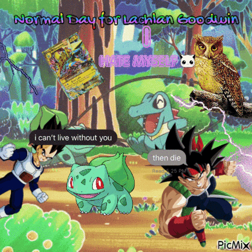 a collage of cartoon characters with the words normal day for lachlan goodwin on top