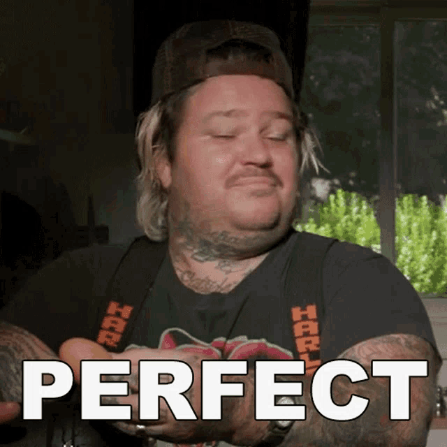 a man with a hat and a shirt that has the word perfect on it