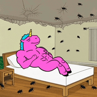 a pink unicorn is laying on a bed surrounded by bugs