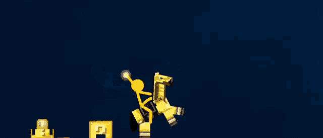 a yellow stick figure is standing next to a yellow box with a question mark on it on a blue background .