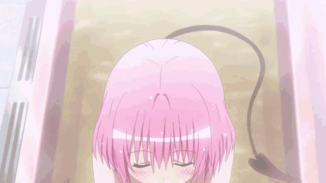 a girl with pink hair and a devil tail is in a bathtub
