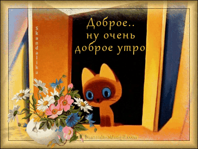 a picture of a cat with flowers and the words " доброе ну очень доброе утро " on it