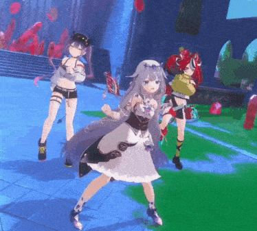 three anime girls are dancing in a video game ..