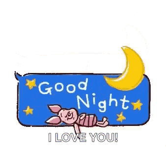 a cartoon pig is laying on a blue sign that says `` good night '' and `` i love you '' .