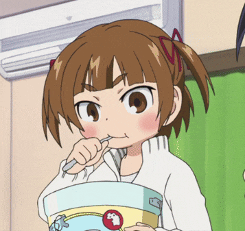 a cartoon girl is brushing her teeth while holding a bowl of ice cream