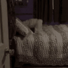 a person is laying on a bed in a bedroom with a blanket and pillows .