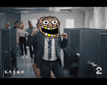 a man in a suit and tie is dancing with a troll face on his face