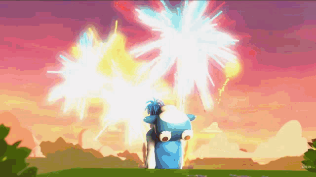 a cartoon drawing of a person standing in front of fireworks