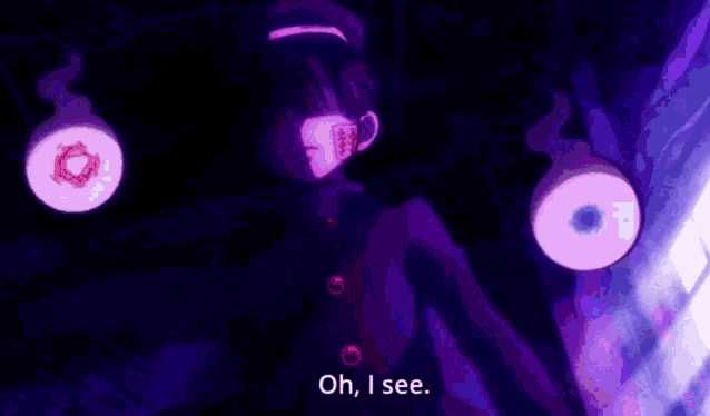 a person is standing in a dark room with two ghosts coming out of their eyes and a purple background .