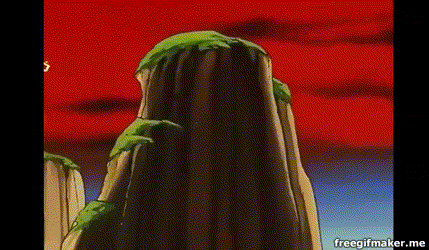 a cartoon scene of a mountain with lightning coming down it .