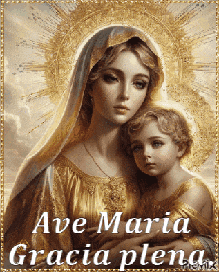 a painting of a woman holding a child with the words ave maria gracia plena below it