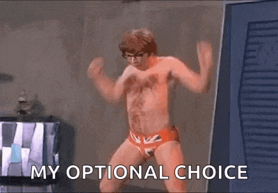 a shirtless man in underwear is dancing in front of a television and saying `` my optional choice '' .