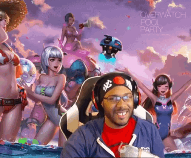 a man sitting in front of an overwatch pool party advertisement