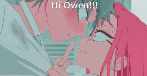 a girl with pink hair and glasses is smiling and says hi owen !!!