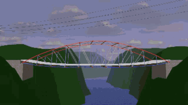a computer generated image of a bridge over a river with mountains in the background