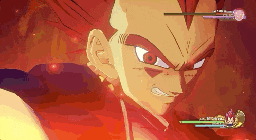 a close up of a cartoon character 's face with a lv 100 aura on it