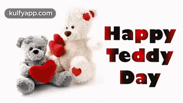 two teddy bears are holding red hearts and the words `` happy teddy day '' .