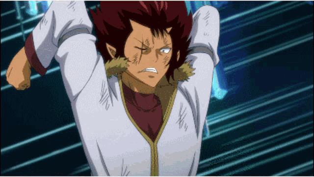 a cartoon character with red hair and a white shirt has a fist in his hand