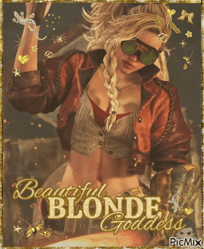 a picture of a woman with the words beautiful blonde goddess on the bottom