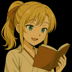 a blonde anime girl is reading a book and smiling