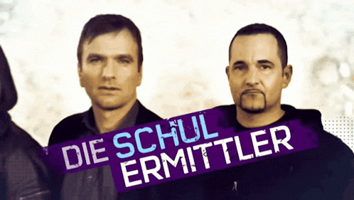 two men standing next to each other with a sign that says die schul ermittler