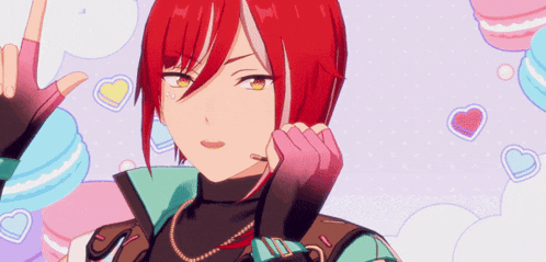 a red haired anime character is making a peace sign with his hand
