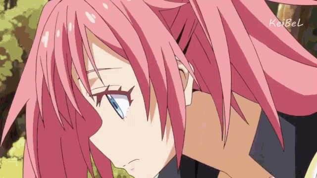 a close up of a pink haired anime character with keibel written on the bottom right