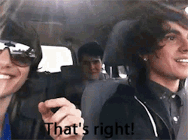 a group of people in a car with the words that 's right on the bottom right