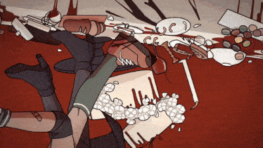 a cartoon drawing of a woman laying on the floor with blood coming out of her feet