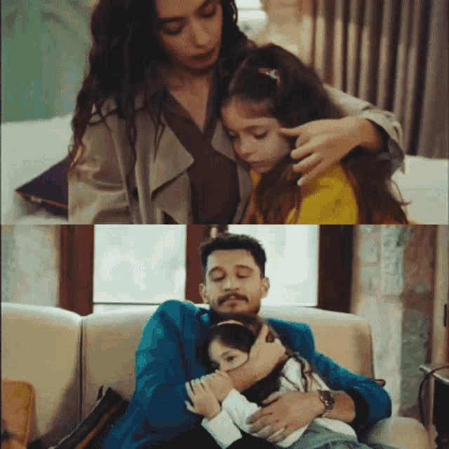 a man is hugging a little girl on a couch