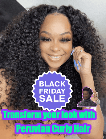 a woman with curly hair is smiling in front of a sign that says " black friday sale "