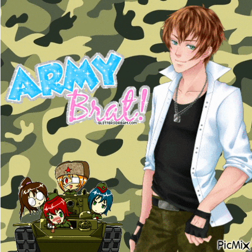 a picture of a boy with the words army brat on the bottom