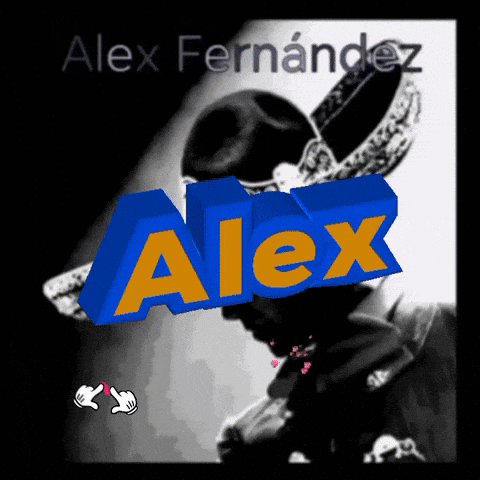 a black and white photo of a man with the name alex