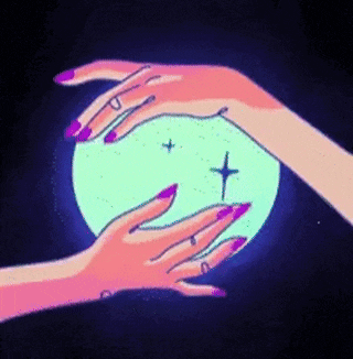 a cartoon of a woman 's hands holding a glowing ball with a star on it .