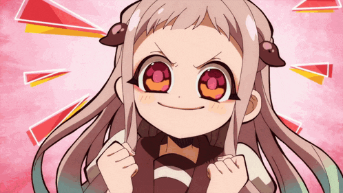 a cartoon girl with big red eyes is smiling and making a funny face