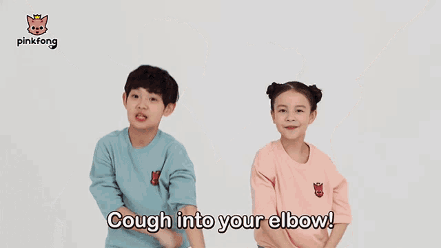 a boy and a girl are dancing with the words cough into your elbow behind them